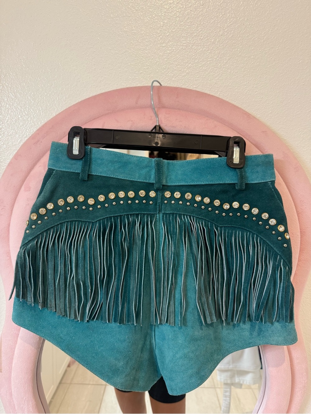 Teal Suede Fringe Studded Heart Shorts - Picture 2 of 2